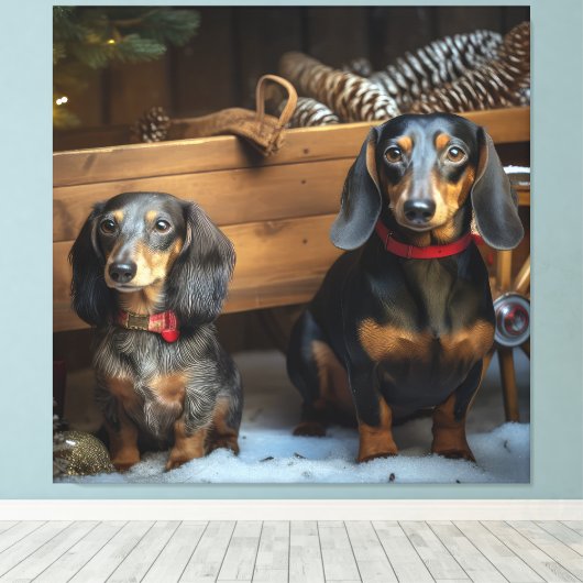 Dachshund Snowy Sleigh Kerst Decor Canvas Afdruk (Insitu (Houten vloer))
