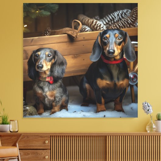 Dachshund Snowy Sleigh Kerst Decor Canvas Afdruk (Insitu (Woonkamer))