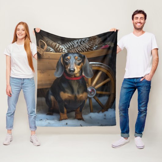 Dachshund Snowy Sleigh Kerst Decor Fleece Deken (In situ)