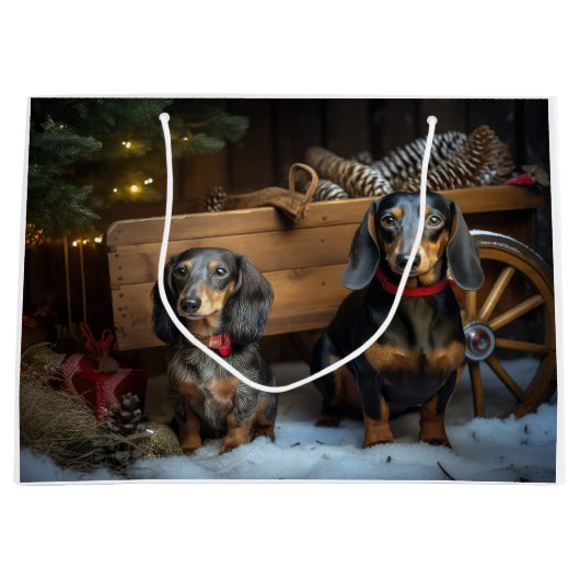 Dachshund Snowy Sleigh Kerst Decor Groot Cadeauzakje (Voorkant)