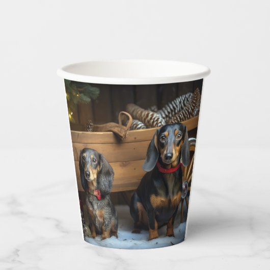 Dachshund Snowy Sleigh Kerst Decor Papieren Bekers (Voorkant)