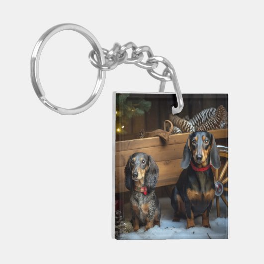 Dachshund Snowy Sleigh Kerst Decor Sleutelhanger (Voorkant Links)