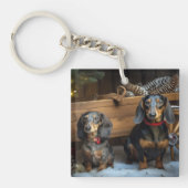 Dachshund Snowy Sleigh Kerst Decor Sleutelhanger (Voorkant)