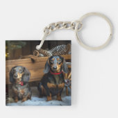 Dachshund Snowy Sleigh Kerst Decor Sleutelhanger (Achterkant)
