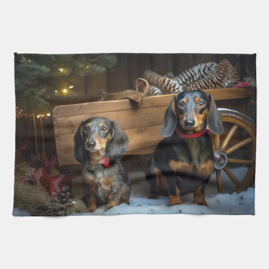 Dachshund Snowy Sleigh Kerst Decor Theedoek (Horizontaal)