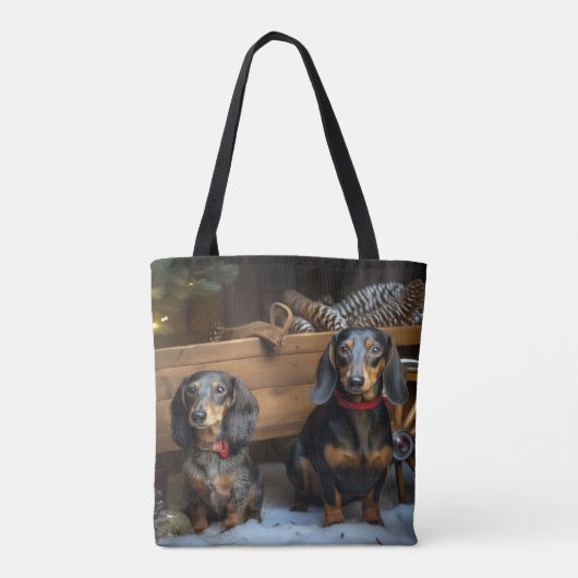 Dachshund Snowy Sleigh Kerst Decor Tote Bag (Achterkant)