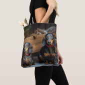 Dachshund Snowy Sleigh Kerst Decor Tote Bag (Dichtbij)
