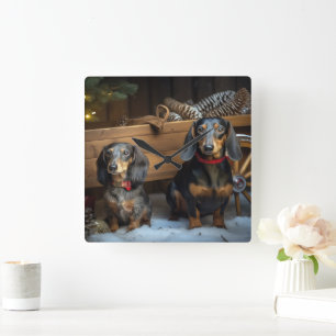Dachshund Snowy Sleigh Kerst Decor Vierkante Klok