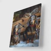 Dachshund Snowy Sleigh Kerst Decor Vierkante Klok (Hoek)