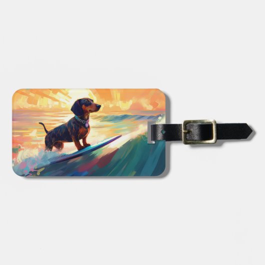 Dachshund strand surfen schilderij bagagelabel (Voorkant horizontaal)