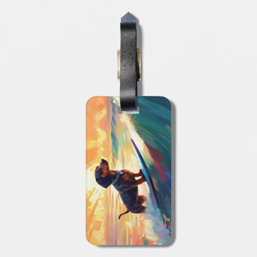 Dachshund strand surfen schilderij bagagelabel (Achterkant verticaal)