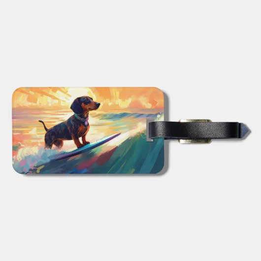 Dachshund strand surfen schilderij bagagelabel (Achterkant horizontaal)