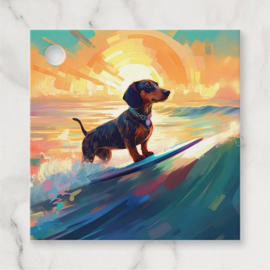 Dachshund strand surfen schilderij bedankjes labels (Voorkant)