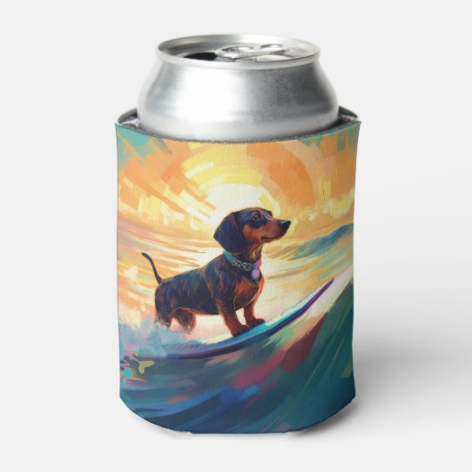 Dachshund strand surfen schilderij blikjeskoeler (Blikje Voorkant)