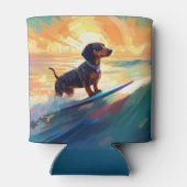 Dachshund strand surfen schilderij blikjeskoeler (Achterkant)