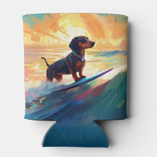 Dachshund strand surfen schilderij blikjeskoeler (Achterkant)