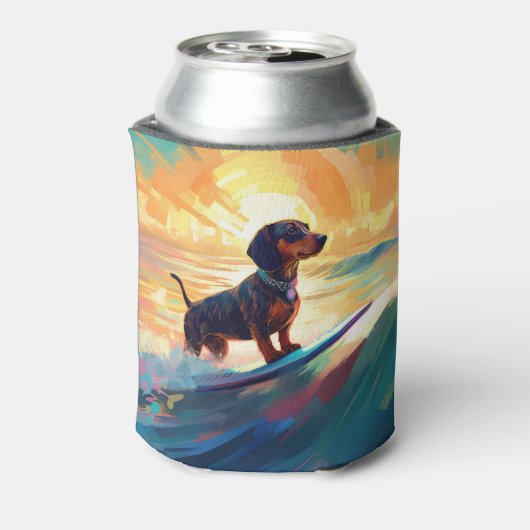 Dachshund strand surfen schilderij blikjeskoeler (Blikje Achterkant)
