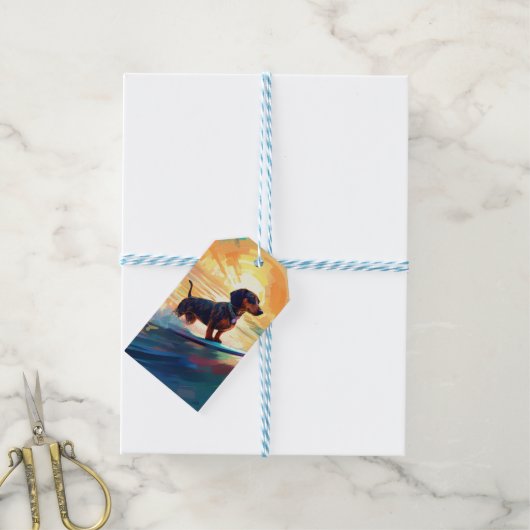 Dachshund strand surfen schilderij cadeaulabel (Met Touw)