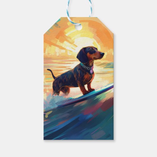 Dachshund strand surfen schilderij cadeaulabel (Voorkant)