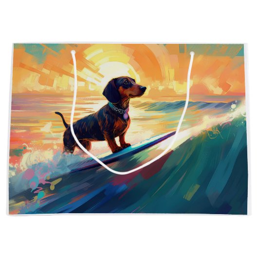 Dachshund strand surfen schilderij groot cadeauzakje (Voorkant)