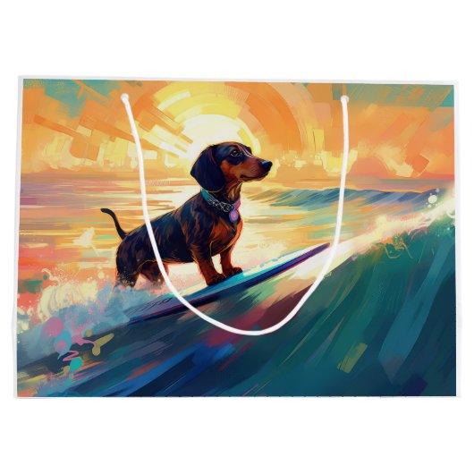 Dachshund strand surfen schilderij groot cadeauzakje (Achterkant)
