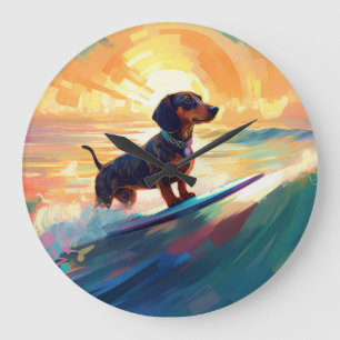 Dachshund strand surfen schilderij grote klok
