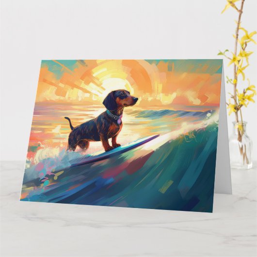 Dachshund strand surfen schilderij kaart (Gele Bloem)