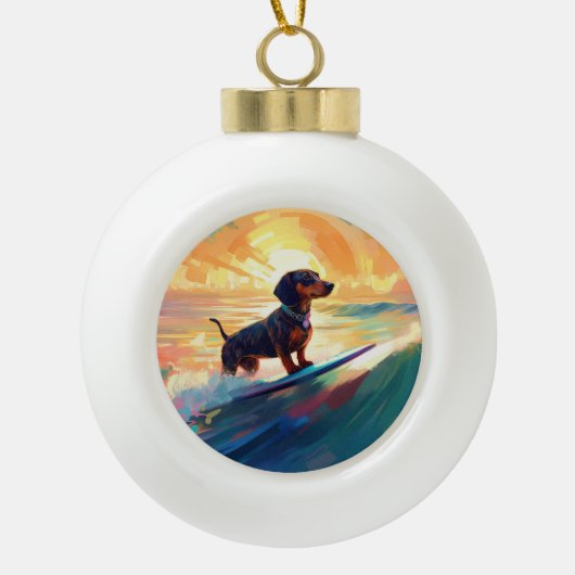 Dachshund strand surfen schilderij keramische bal ornament (Voorkant)