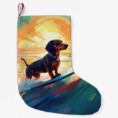 Dachshund strand surfen schilderij kleine kerstsok (Voorkant)