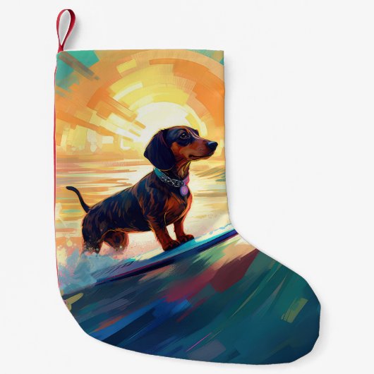 Dachshund strand surfen schilderij kleine kerstsok (Voorkant)