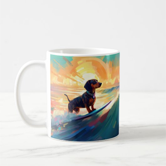 Dachshund strand surfen schilderij koffiemok (Links)