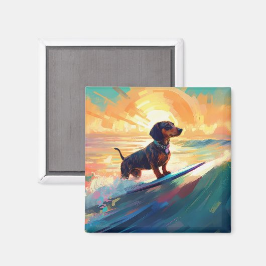 Dachshund strand surfen schilderij magneet (Voorkant / Achterkant)