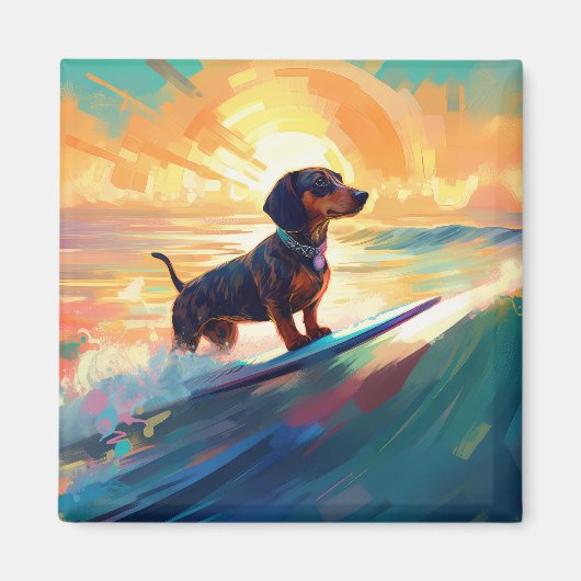 Dachshund strand surfen schilderij magneet (Voorkant)