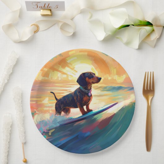 Dachshund strand surfen schilderij papieren bordje (Huwelijk)
