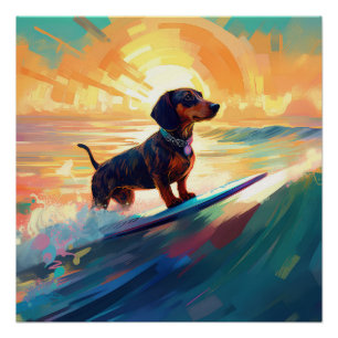 Dachshund strand surfen schilderij perfect poster
