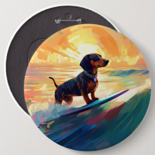 Dachshund strand surfen schilderij ronde button 6,0 cm
