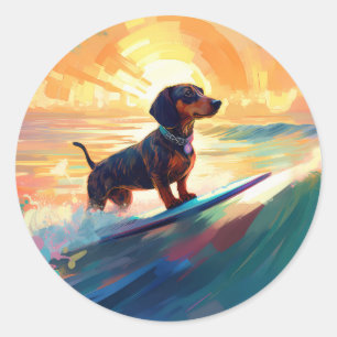 Dachshund strand surfen schilderij ronde sticker