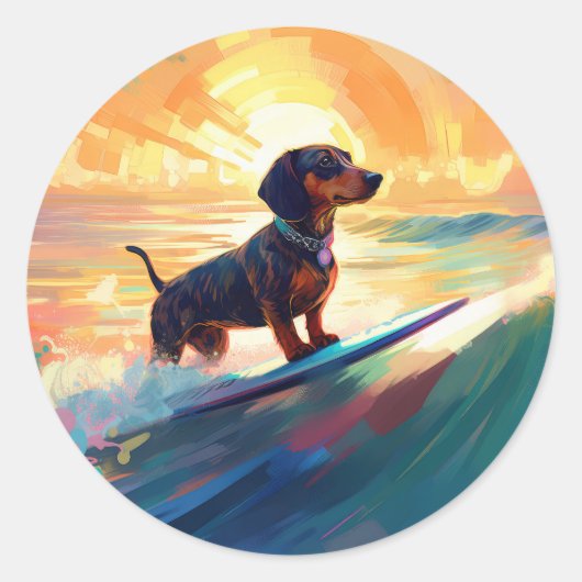 Dachshund strand surfen schilderij ronde sticker (Voorkant)