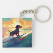 Dachshund strand surfen schilderij sleutelhanger (Achterkant)