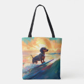 Dachshund strand surfen schilderij tote bag (Achterkant)