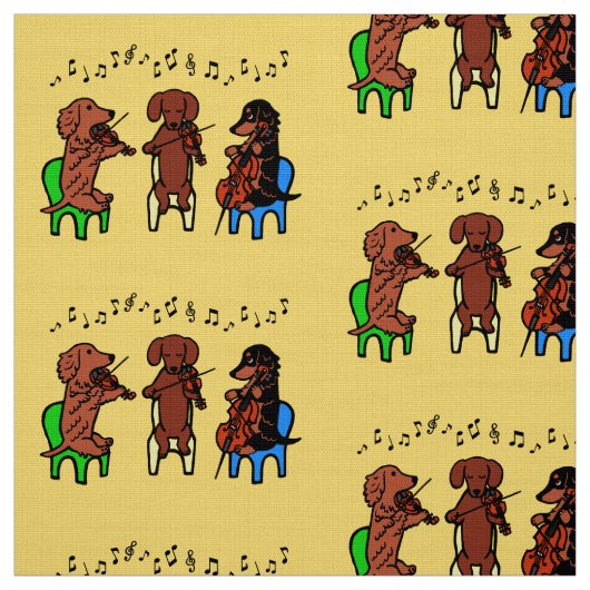 Dachshund String Trio Musician Fabric Yellow Stof (Swatch)