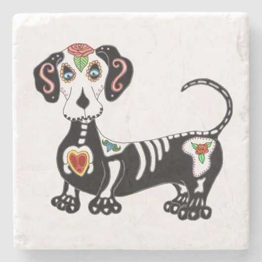Dachshund Sugar Skull Stenen Onderzetter (Voorkant)