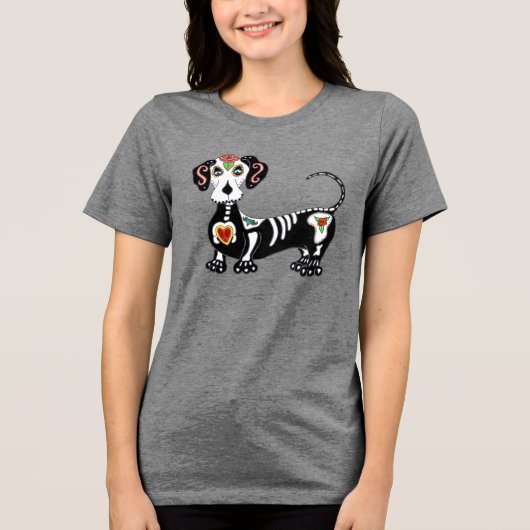 Dachshund Sugar Skull Tri-Blend Shirt (Voorkant)