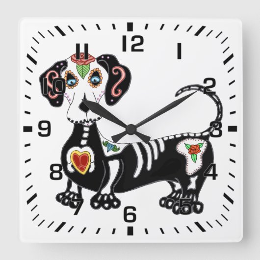 Dachshund Sugar Skull Vierkante Klok (Voorkant)