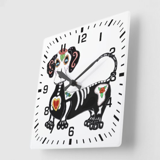 Dachshund Sugar Skull Vierkante Klok (Hoek)