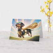 Dachshund Superhelden Wenskaart Kaart (Gele Bloem)