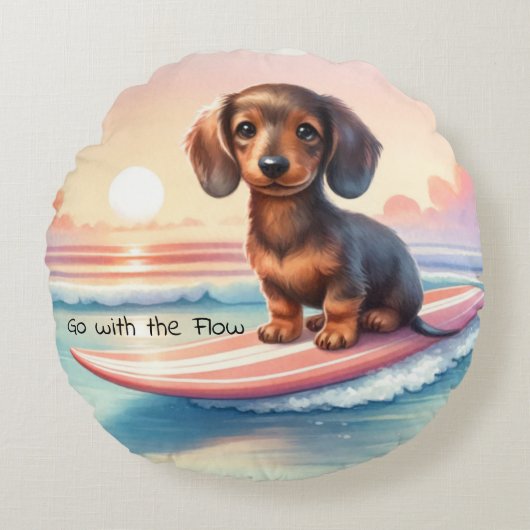 Dachshund Surfer Sunset Serenity Rond Kussen (Voorkant)