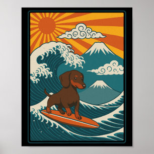 Dachshund surft op Japanse golfslag Weiner Dog Poster