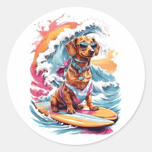 Dachshund T-shirt Design met Water Wave Splash Ronde Sticker (Voorkant)