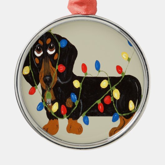 Dachshund tangled kerstlampjes blk/tanOrnam Metalen Ornament (Voorkant)